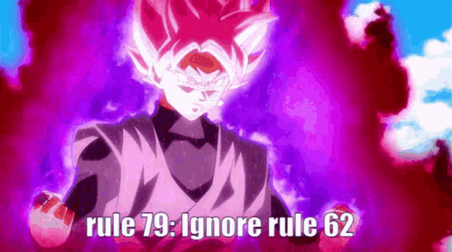a cartoon character with a purple background and the words rule 79 ignore rule 62 on the bottom