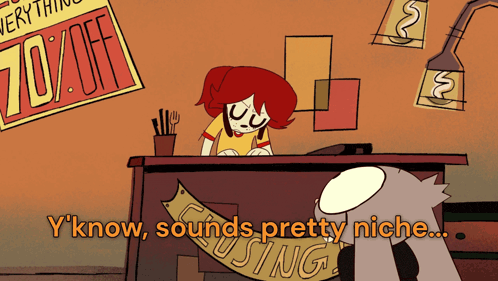 a cartoon of a girl behind a counter with a sign that says closing