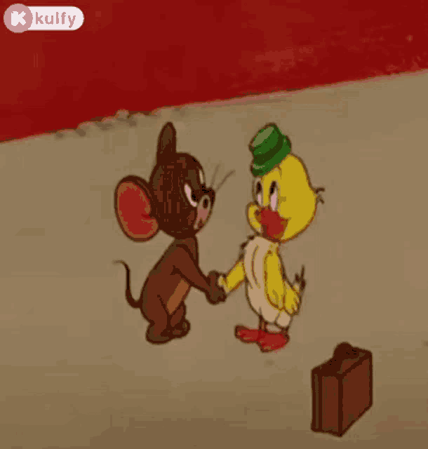 jerry and a duck are shaking hands in a cartoon . the duck is wearing a green hat .