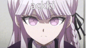 a close up of a anime girl with purple eyes and the words ackki written on her face .