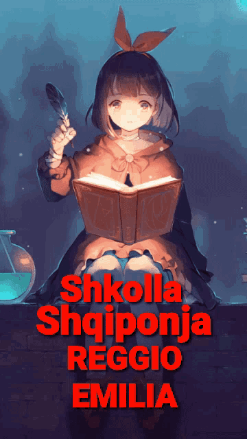 a girl with a bow on her head is holding a feather and reading a book