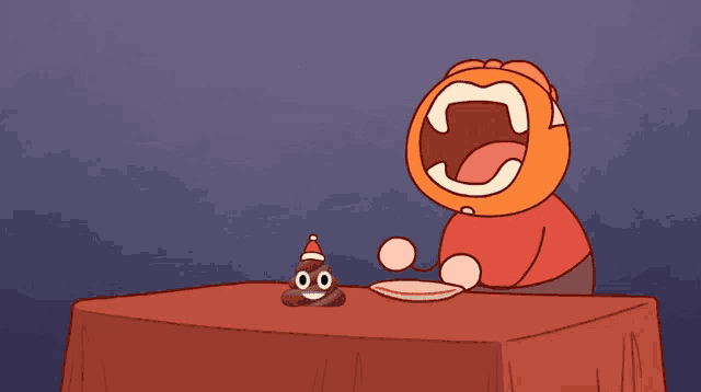 a cartoon character is sitting at a table with a plate and a poop wearing a santa hat