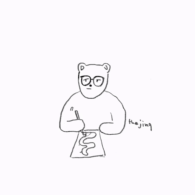 a black and white drawing of a bear wearing glasses with the writing thejing