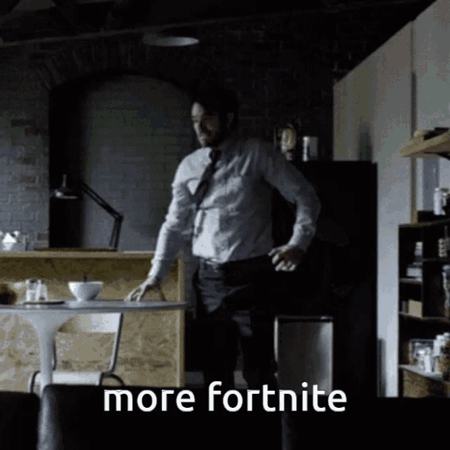 a man in a white shirt and tie is standing in a dark room with the words more fortnite written below him