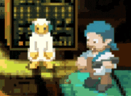a pixel art of a man and a sheep talking