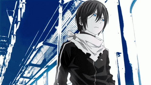 a black and white drawing of a boy with blue eyes and a scarf around his neck