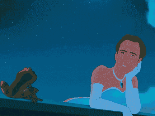 a cartoon of a man dressed as a princess with a frog standing next to him