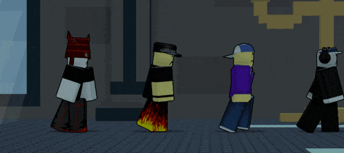 a group of cartoon characters are standing next to each other with one wearing a devil hat