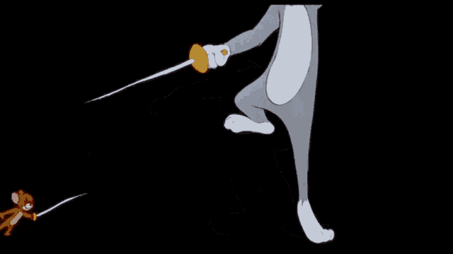 a cartoon of jerry holding a sword in front of a giant octopus