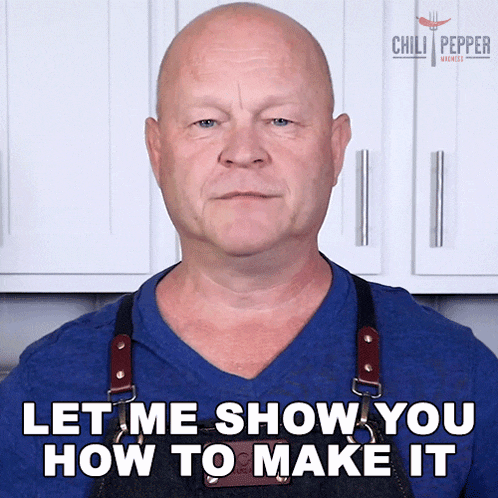 a man wearing an apron is asking how to make chili pepper