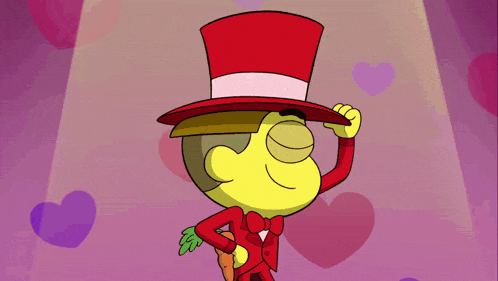 a cartoon character wearing a red top hat holding a carrot