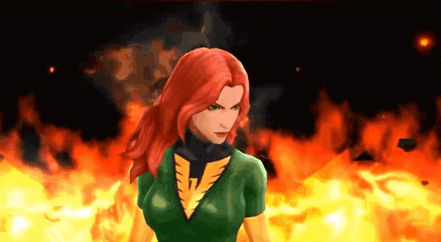 a cartoon character with red hair is standing in front of a fire .