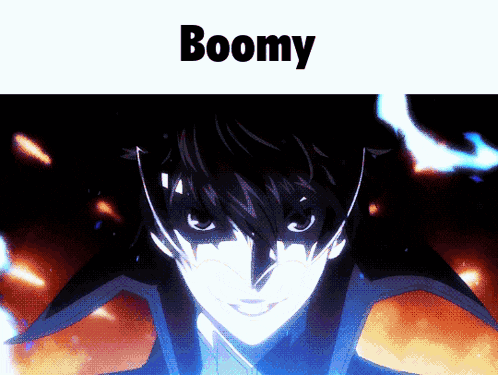 a close up of a person 's face with the words boomy above it