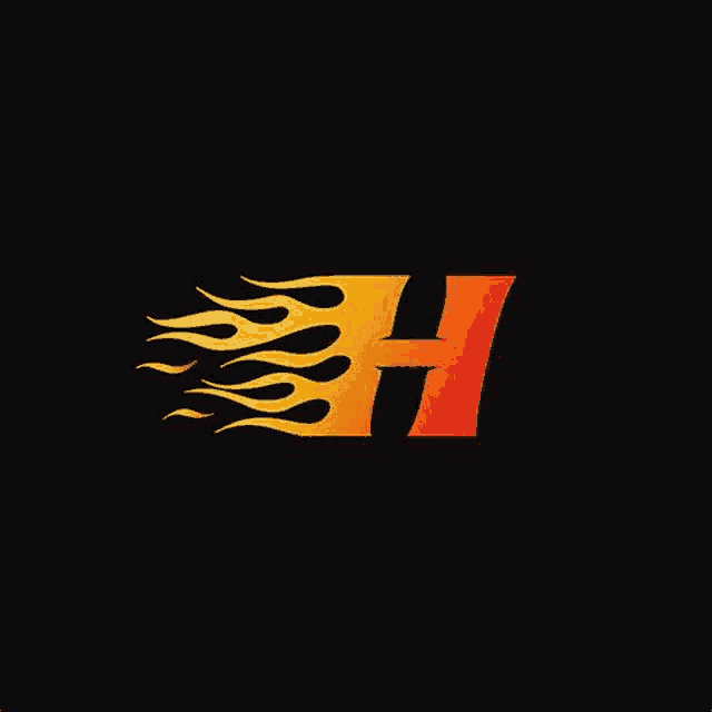 a letter h with flames on a black background .
