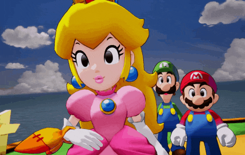 princess peach is surrounded by mario and luigi