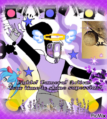 a picture of a cartoon character with the words lights camera action your time to shine superstar on it