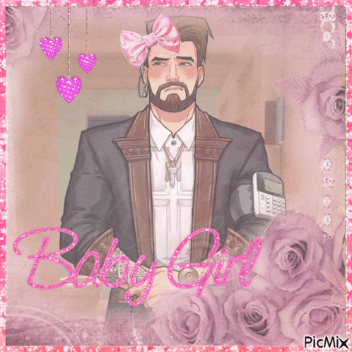 a picture of a man with a bow on his head and the words baby girl written in pink