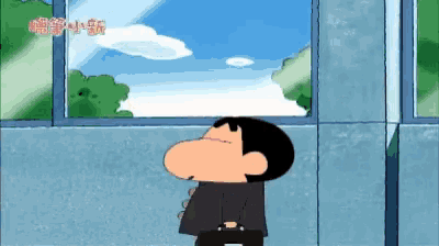 a cartoon character looking out a window with chinese writing