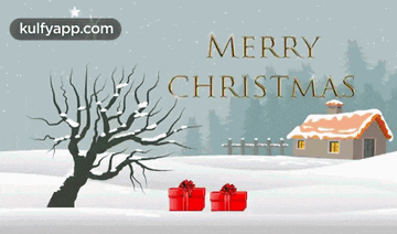 a merry christmas card with a tree and a house