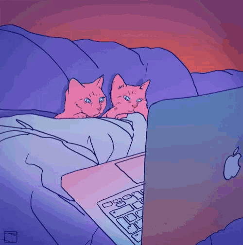 a drawing of two cats looking at a laptop