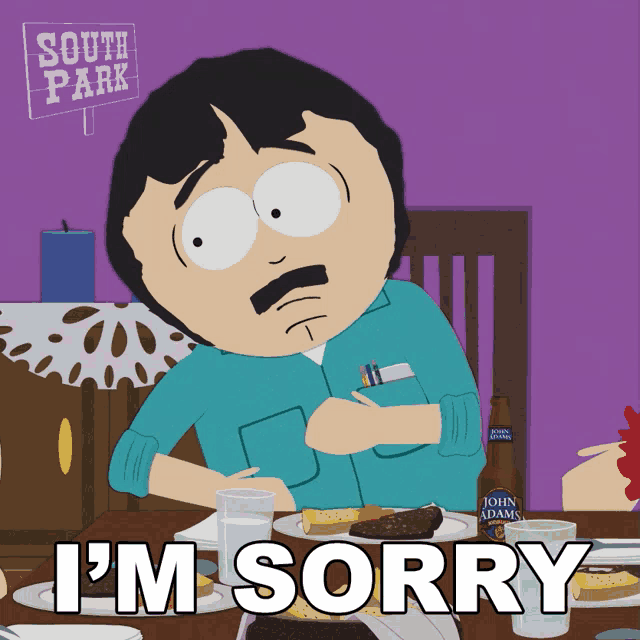 a cartoon of randy from south park sitting at a table with a bottle of john adams beer