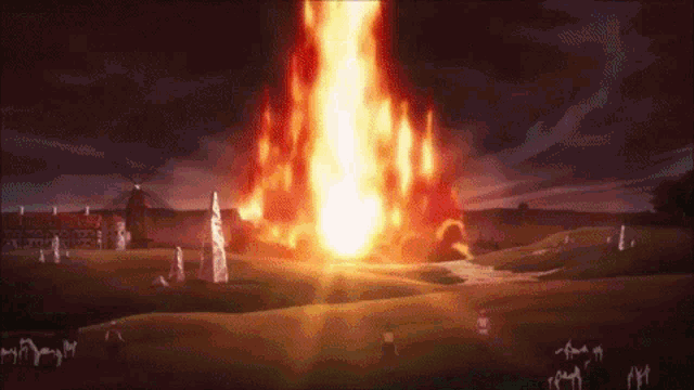 a large fire is erupting in a field with a building in the background