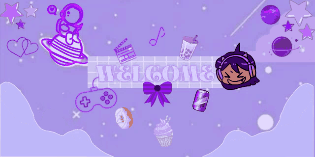 a purple background with the words welcome and a girl with headphones