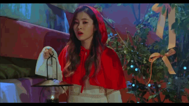 a girl in a red hooded cape holds a lantern