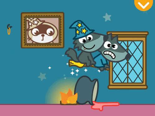 a cartoon drawing of two wolves fighting over a picture frame