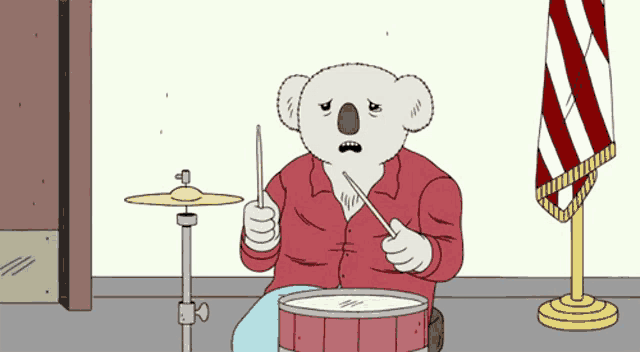a cartoon drawing of a koala playing a drum set