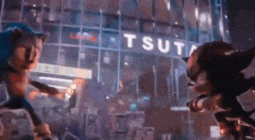 sonic and shadow are fighting each other in front of a building .