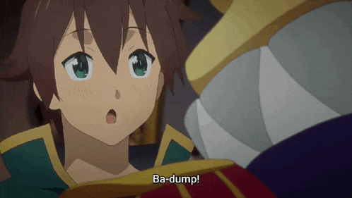 a cartoon character says ba-dump while looking at another character