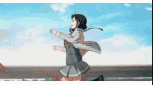 a girl in a school uniform is running down a road .