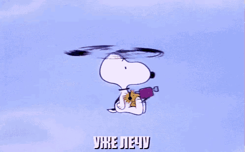 a cartoon of snoopy flying through the air with a helicopter on his head and the words vxe pevu below him