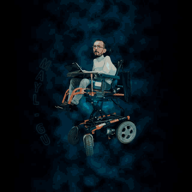 a man in a wheelchair is surrounded by lightning and the name mayl-gu is on the bottom