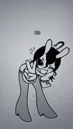 a black and white drawing of a girl giving a peace sign with the words us below her