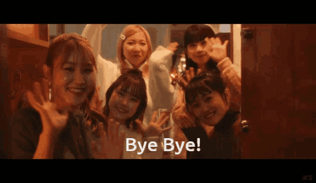 a group of young women waving their hands with the words bye bye written below them