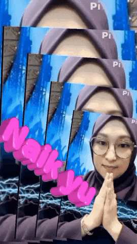 a woman wearing glasses and a hijab is surrounded by pink letters that say pi