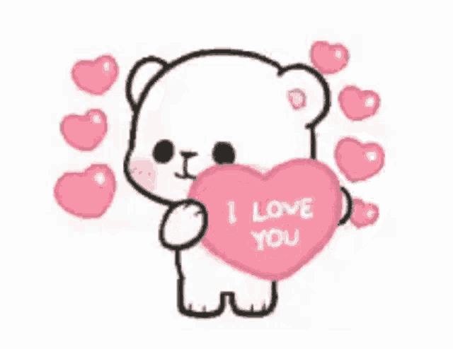 a white teddy bear is holding a pink heart that says `` i love you '' .