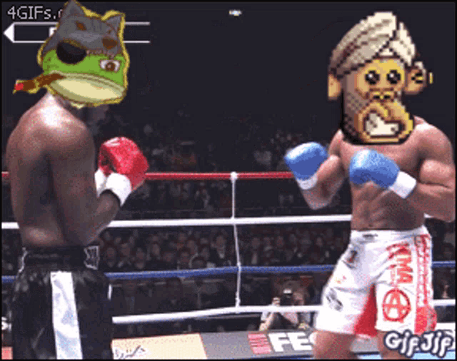 a man in a boxing ring with a frog head on his head