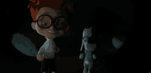 a boy with glasses and a dog are standing next to each other in the dark .