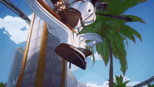 a cartoon character is riding a roller coaster with a palm tree in the background