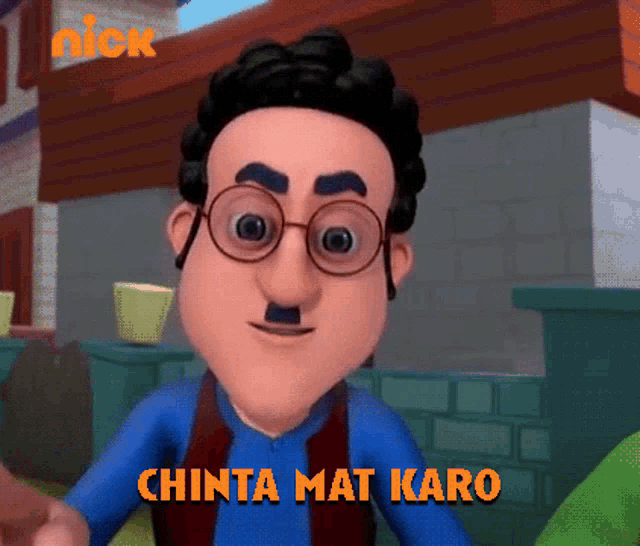 a cartoon character with glasses and the words chinta mat karo in orange