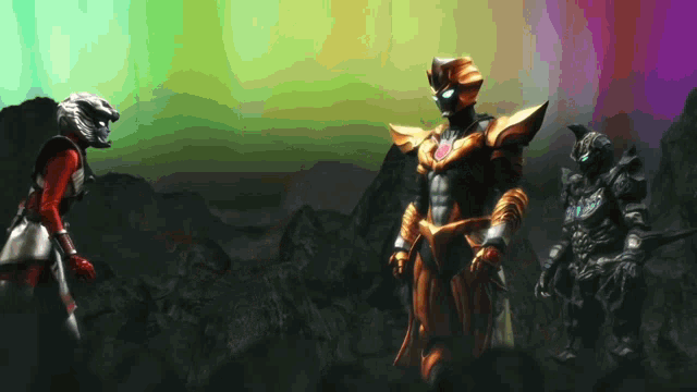 a group of cartoon characters standing next to each other with a rainbow background