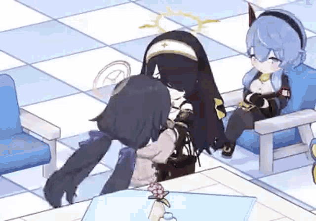 a group of anime girls are sitting in chairs and talking to each other in a room .