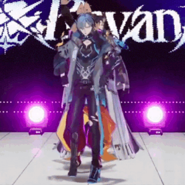 a group of anime characters are standing on a stage in front of a sign that says " evan "