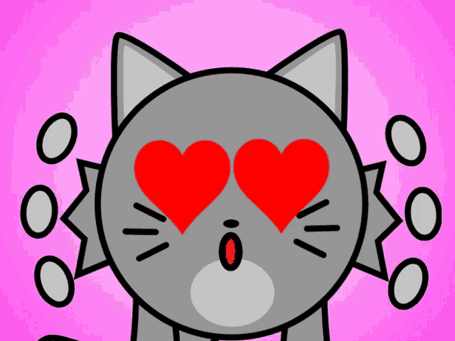 a cartoon cat with hearts in its eyes