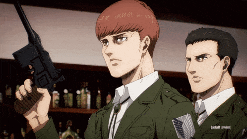a man in a military uniform holds a gun next to another man in a suit that says adult swim on it