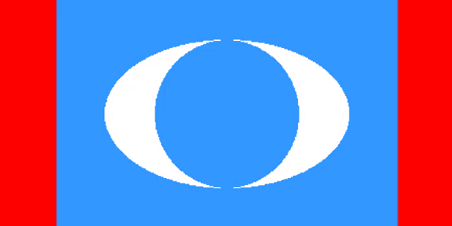 a blue background with a white circle and a red border