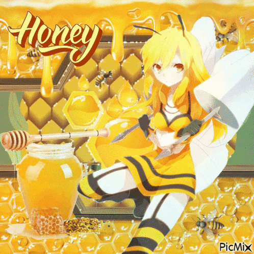 a picture of a girl dressed as a bee holding a honey dipper